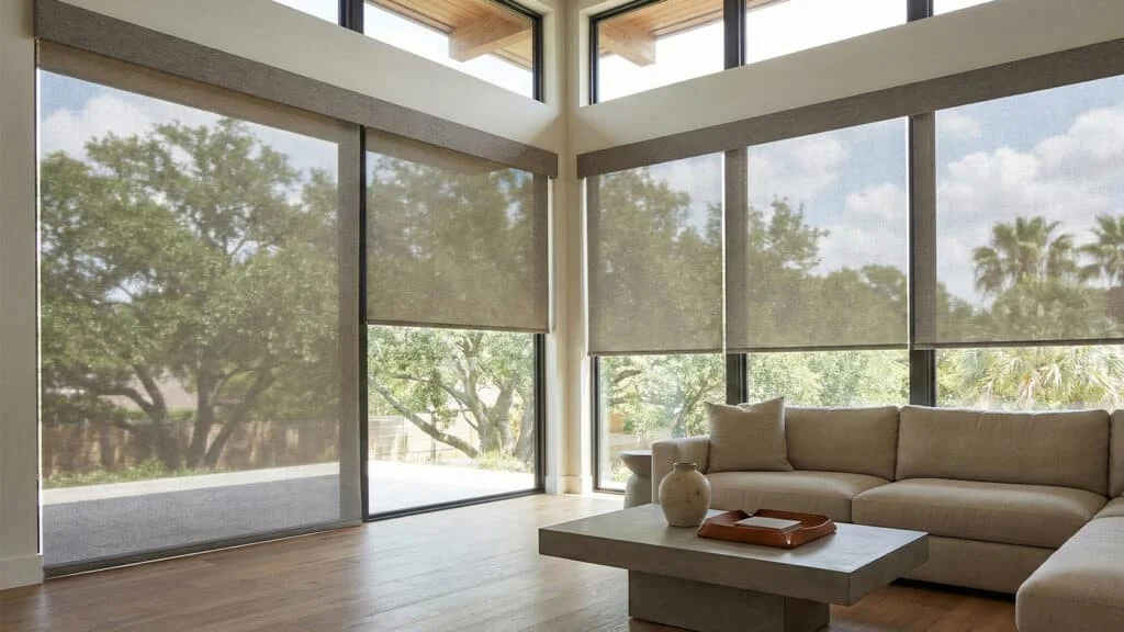 Large window roller shades in a house in Houston