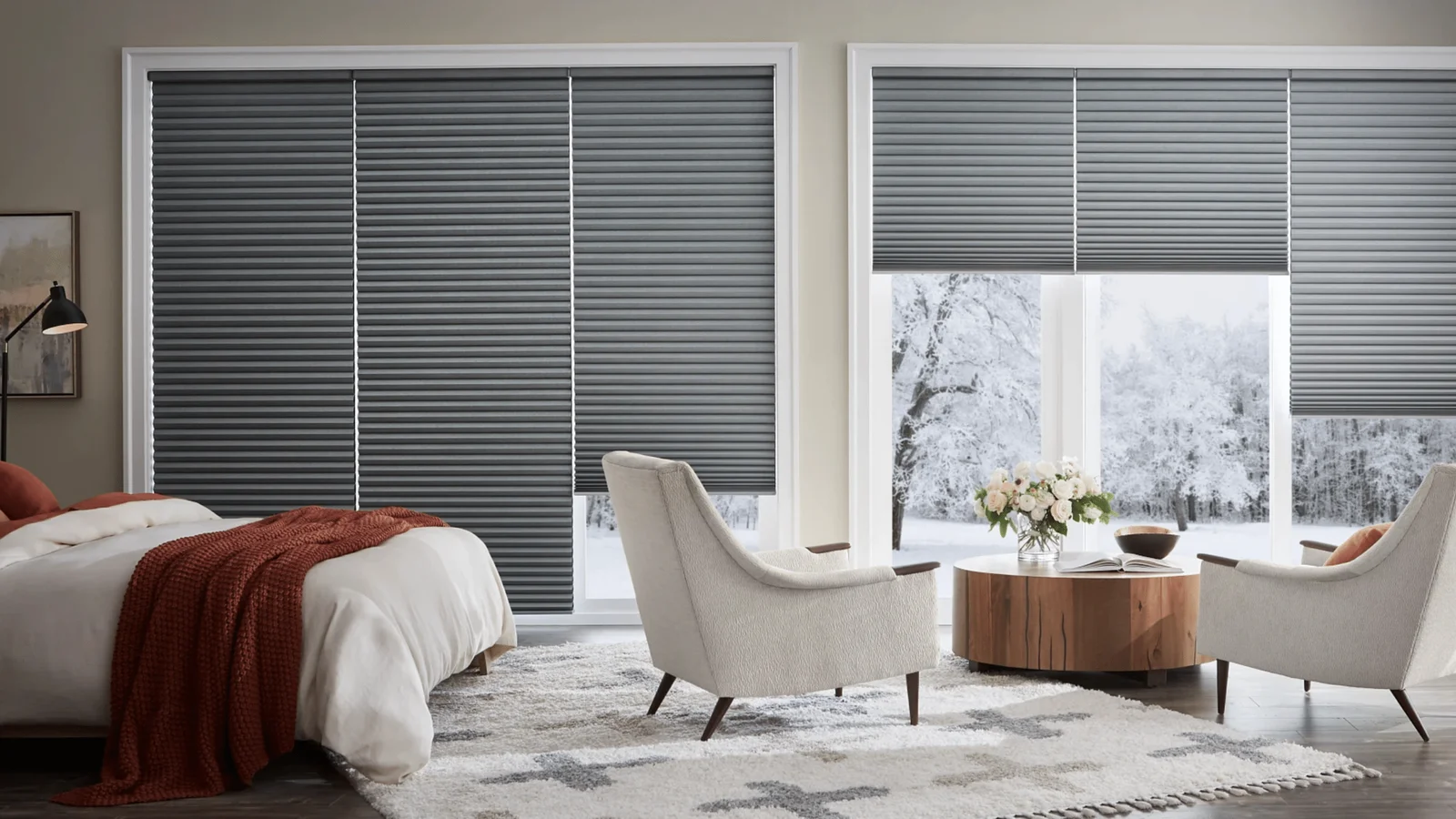Custom window shades in a bedroom