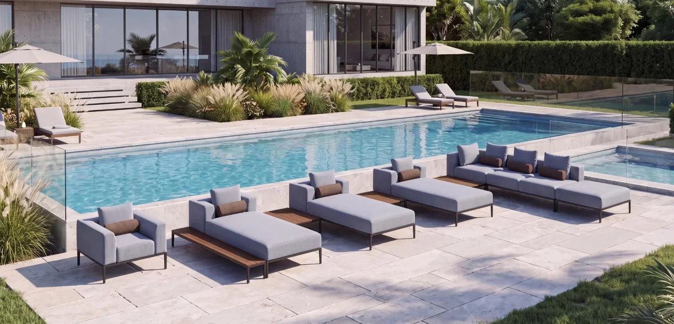 KNI outdoor chaise lounges and modular sofas beside a pool