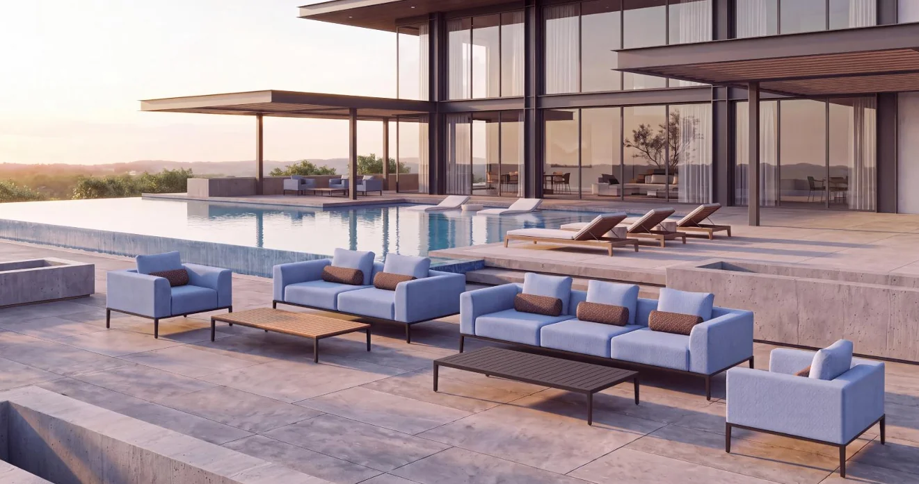 KNI outdoor sofas and armchairs beside a pool