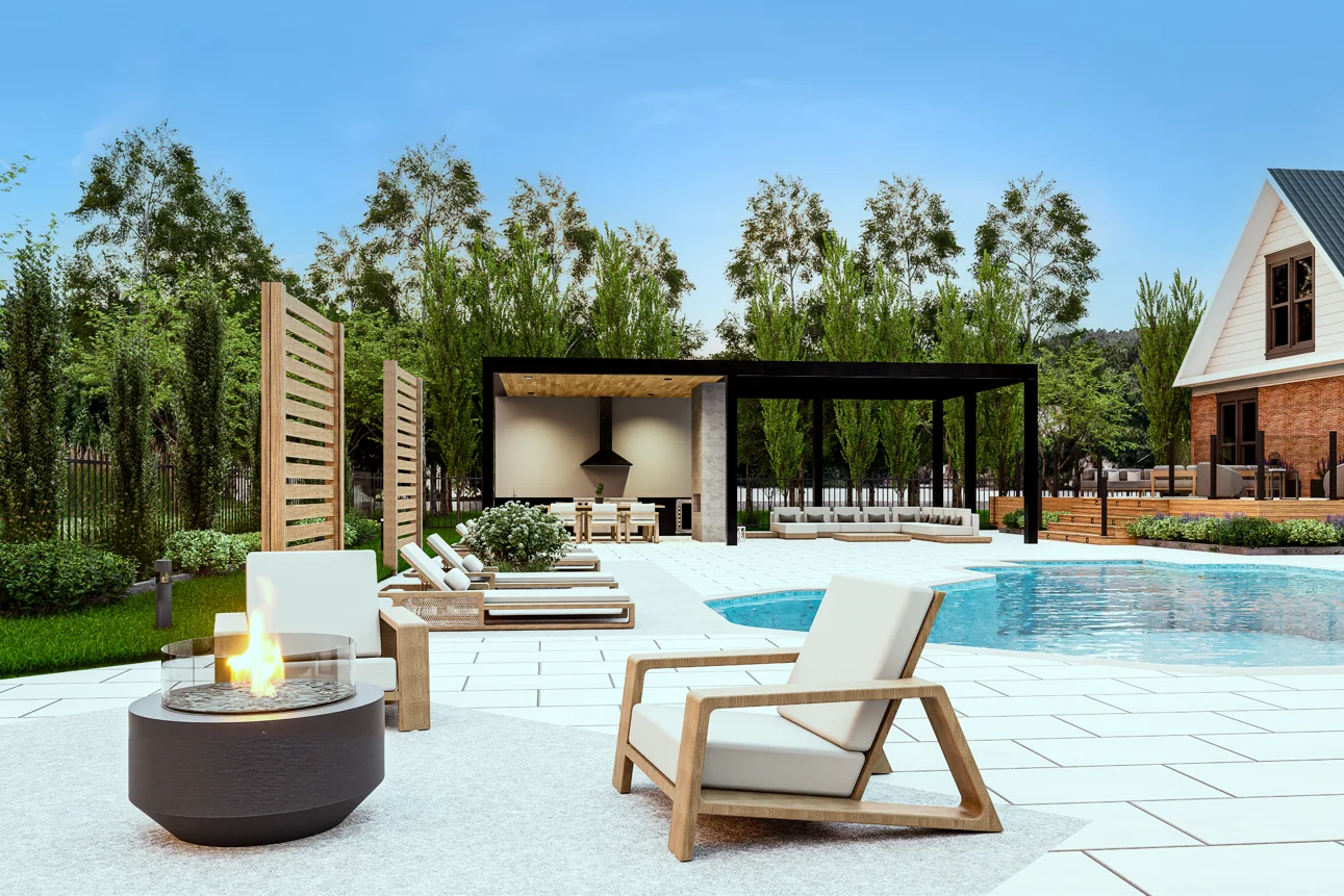 KNI teak armchairs and lounge seating overlooking a pool
