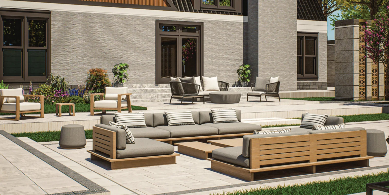 KNI teak outdoor sofas and coffee tables on a terrace
